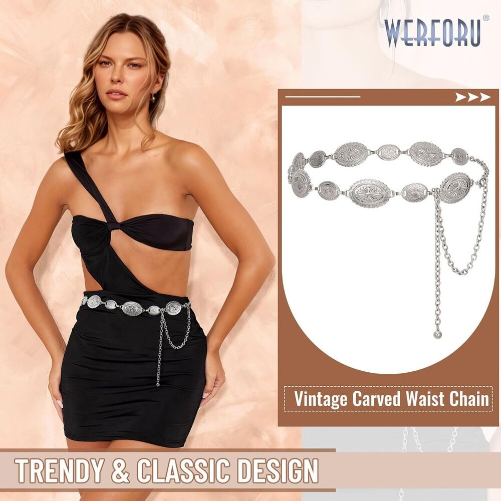 Western Chain Belt for Women Metal Chain Belt Metal Concho belt women Boho Chain - Picture 2 of 6